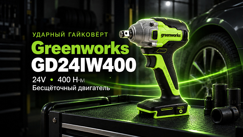 Гайковерт ударный Greenworks GD24IW400 24V 3802907 (400 Нм) бесщеточный аккумуляторный